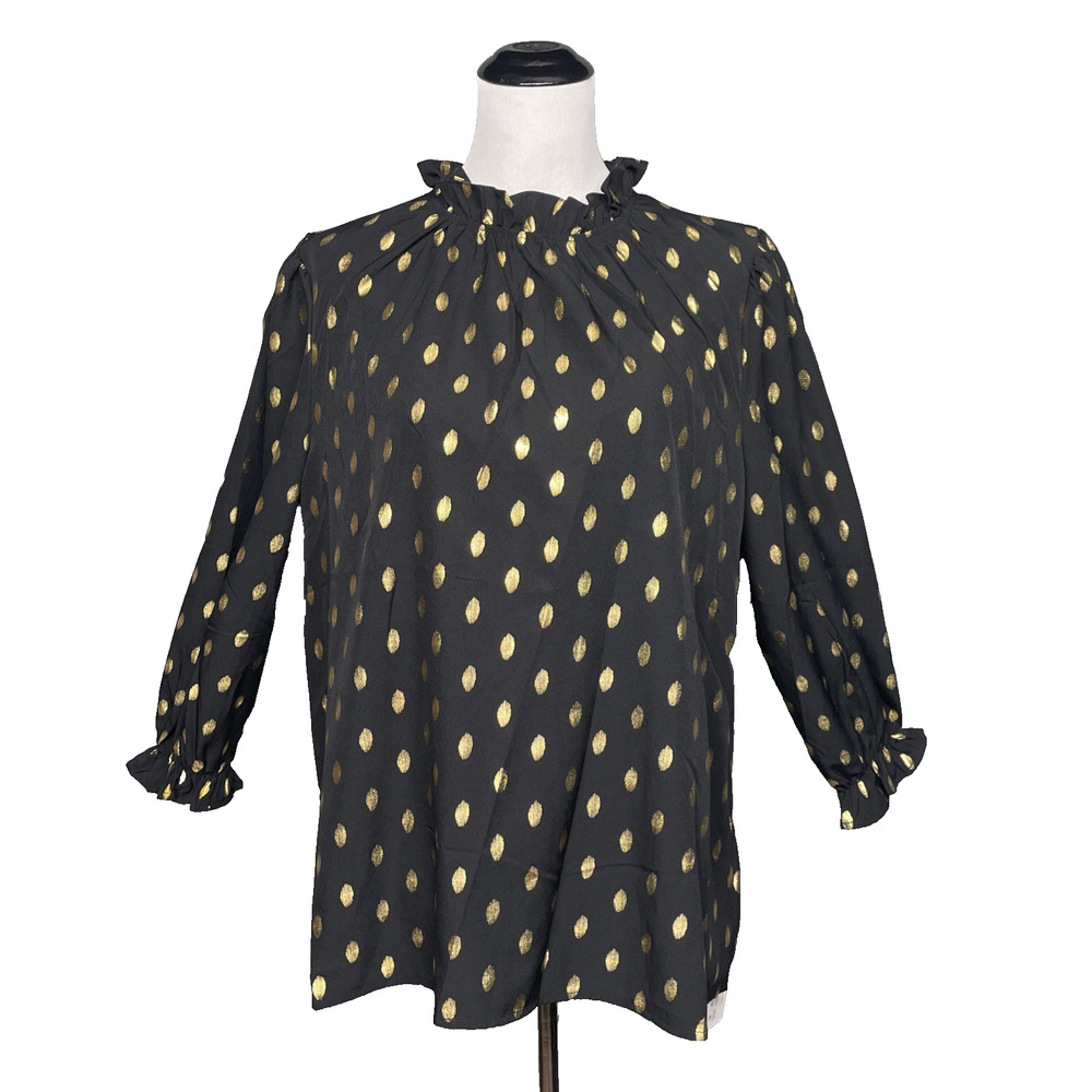 New AVANOVA Womens L Blk Gold Foil Metallic Polka Dot Blouse Smocked Ruffle Neck